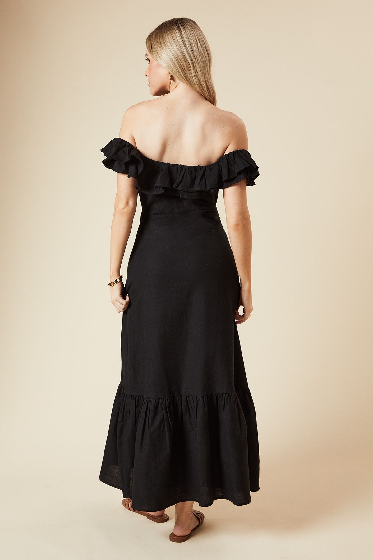 Dorothy Perkins Ruffle Bardot Linen Midi Dress Black image 3