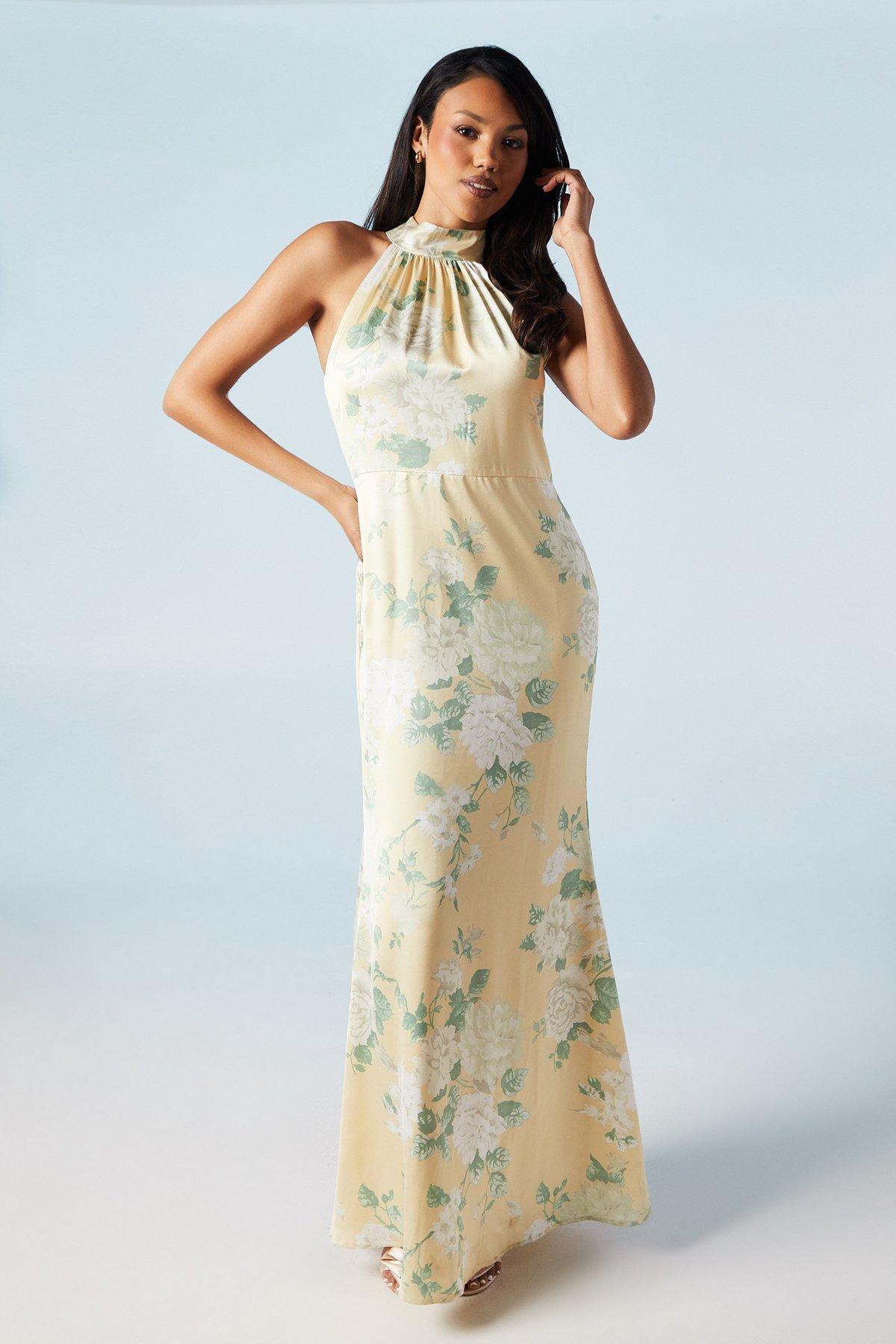 Coast Dahlia Printed Satin Halterneck Bridesmaid Dress Lemon image 3