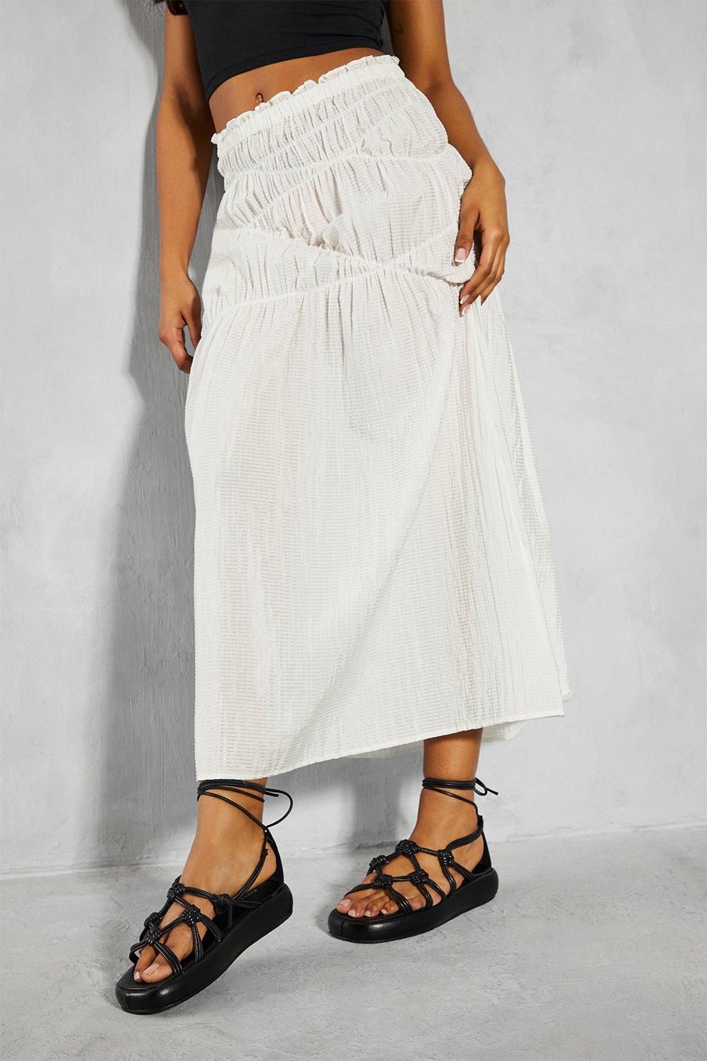 MissPap Elastic Detail Textured Maxi Skirt White image 4