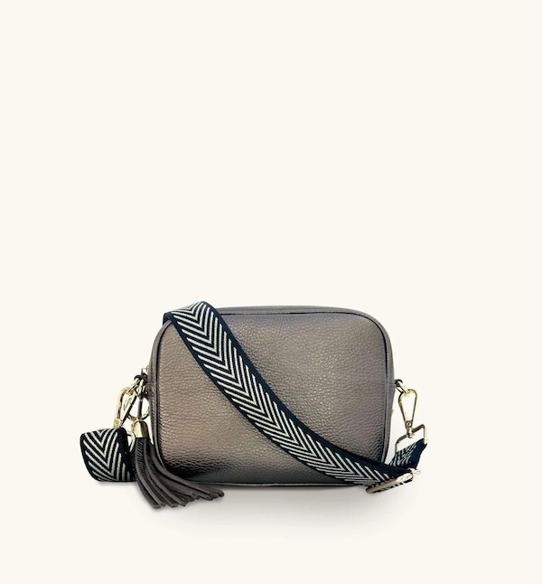 Apatchy London Bronze Leather Crossbody Bag With Black & Gold Chevron Strap