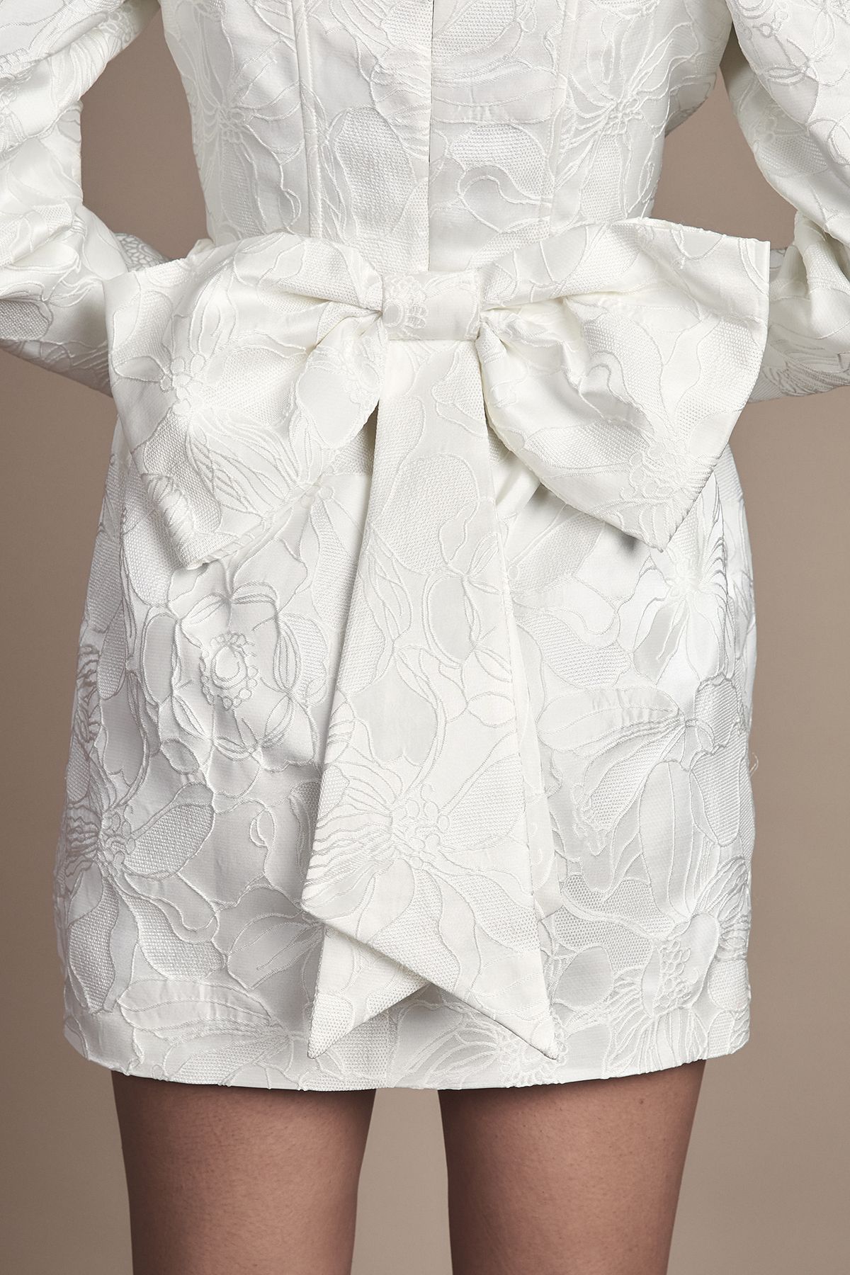 Coast Long Sleeve Square Neck Jaquard Mini Wedding Dress with Bow Detail White image 2