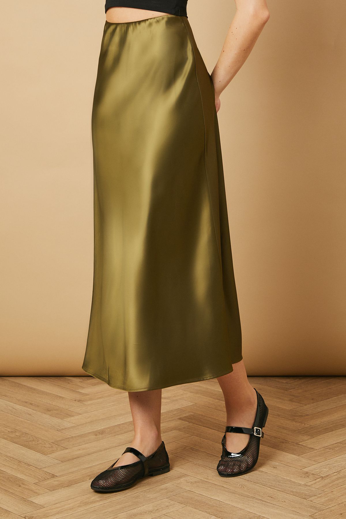 Oasis Bias Cut Satin Midi Skirt Khaki image 2