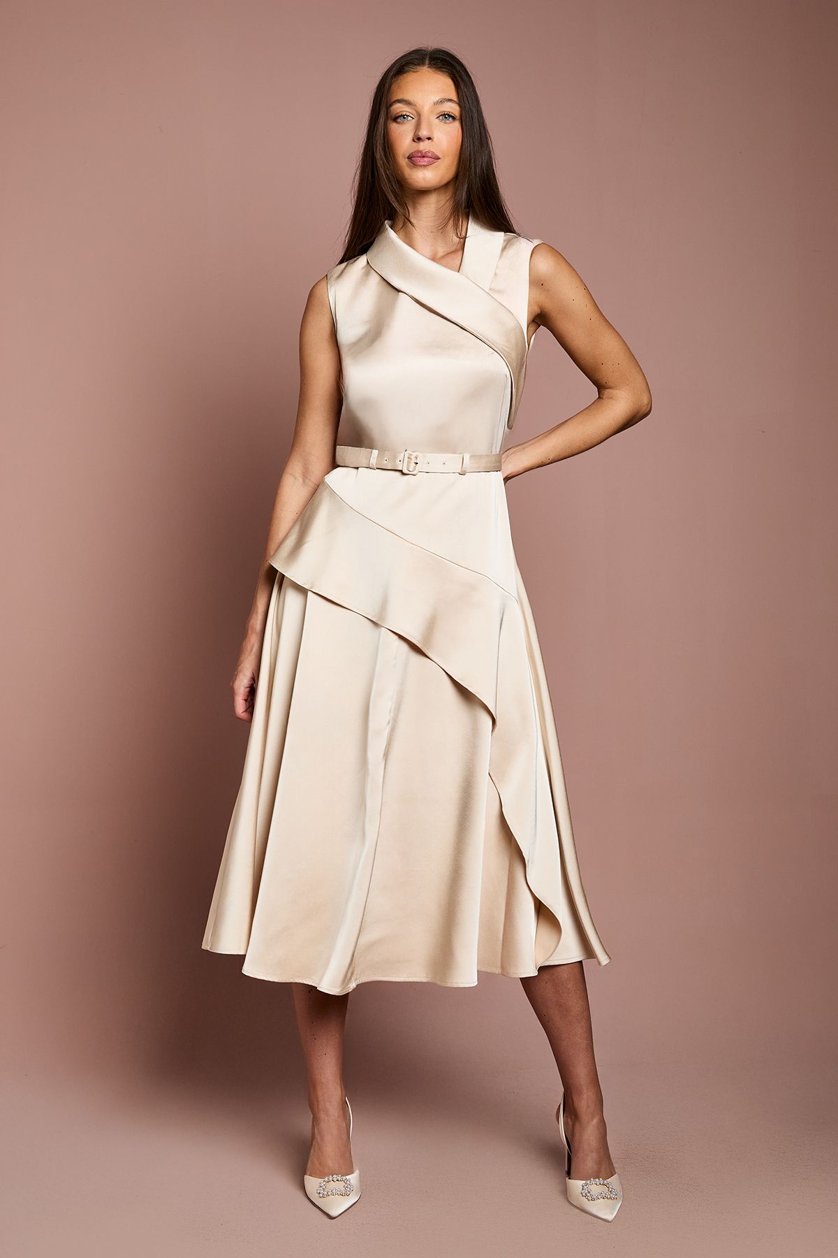 Coast Waterfall Ruffle Belted Satin Midi Dress Champagne image 1