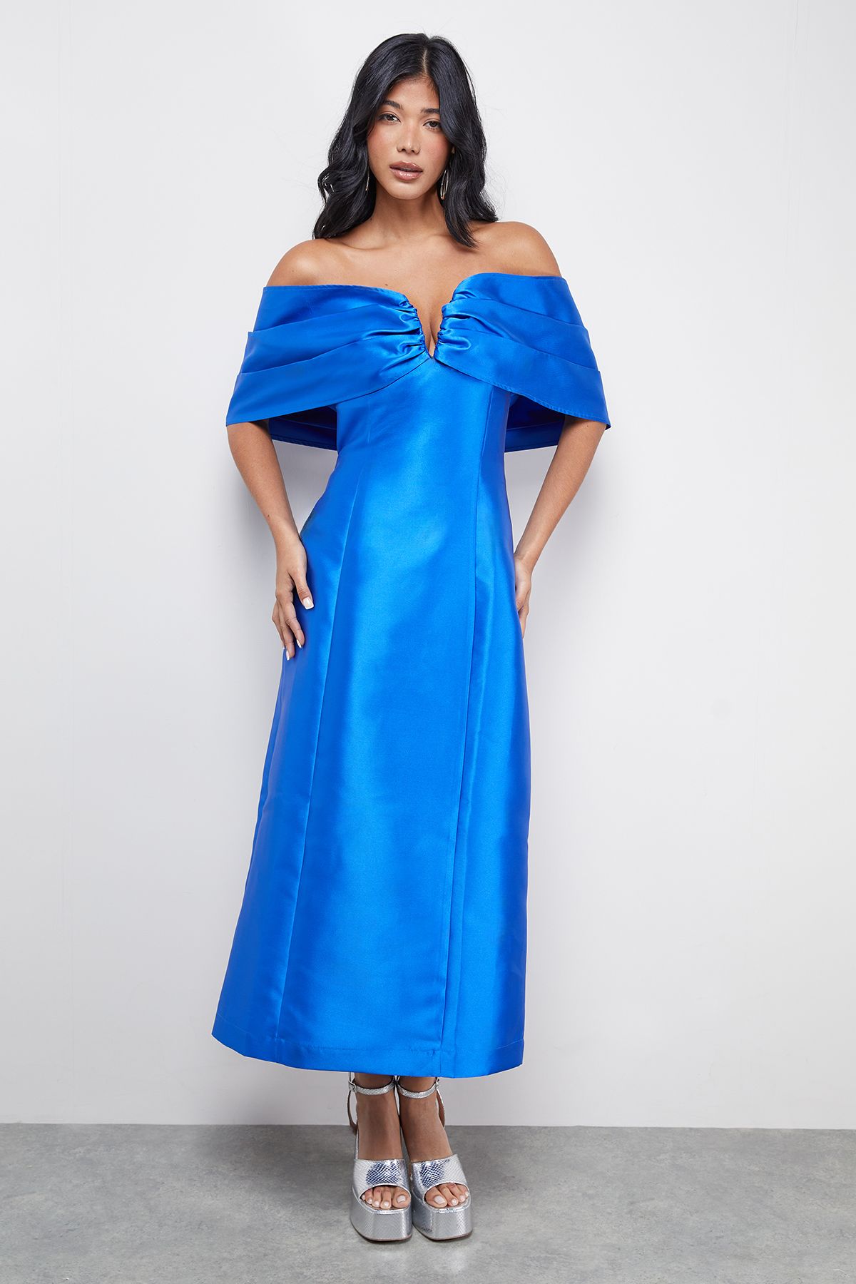 Warehouse Satin Twill Notch Front Bardot Midi Dress Cobalt