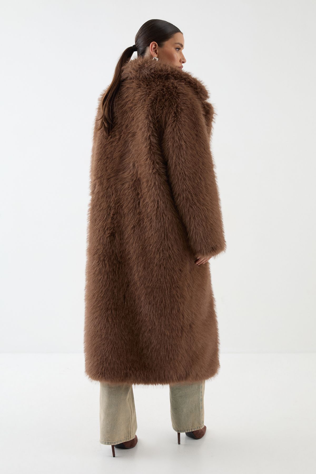 MissPap Long Faux Fur Wide Collar Coat Brown image 3