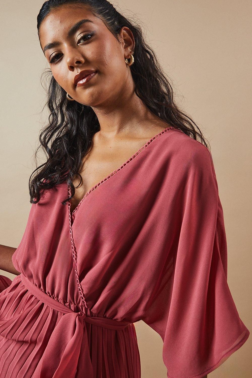 Oasis Petite Occasion Kimono Sleeve Pleated Midi Dress Rose image 2