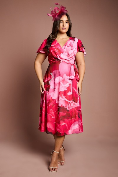 Coast Plus Jersey Double Flutter Sleeve Wrap Midi Dress Pink