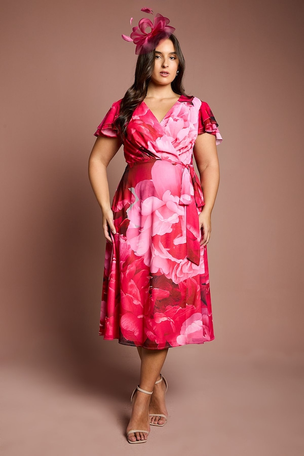 Coast Plus Jersey Double Flutter Sleeve Wrap Midi Dress Pink