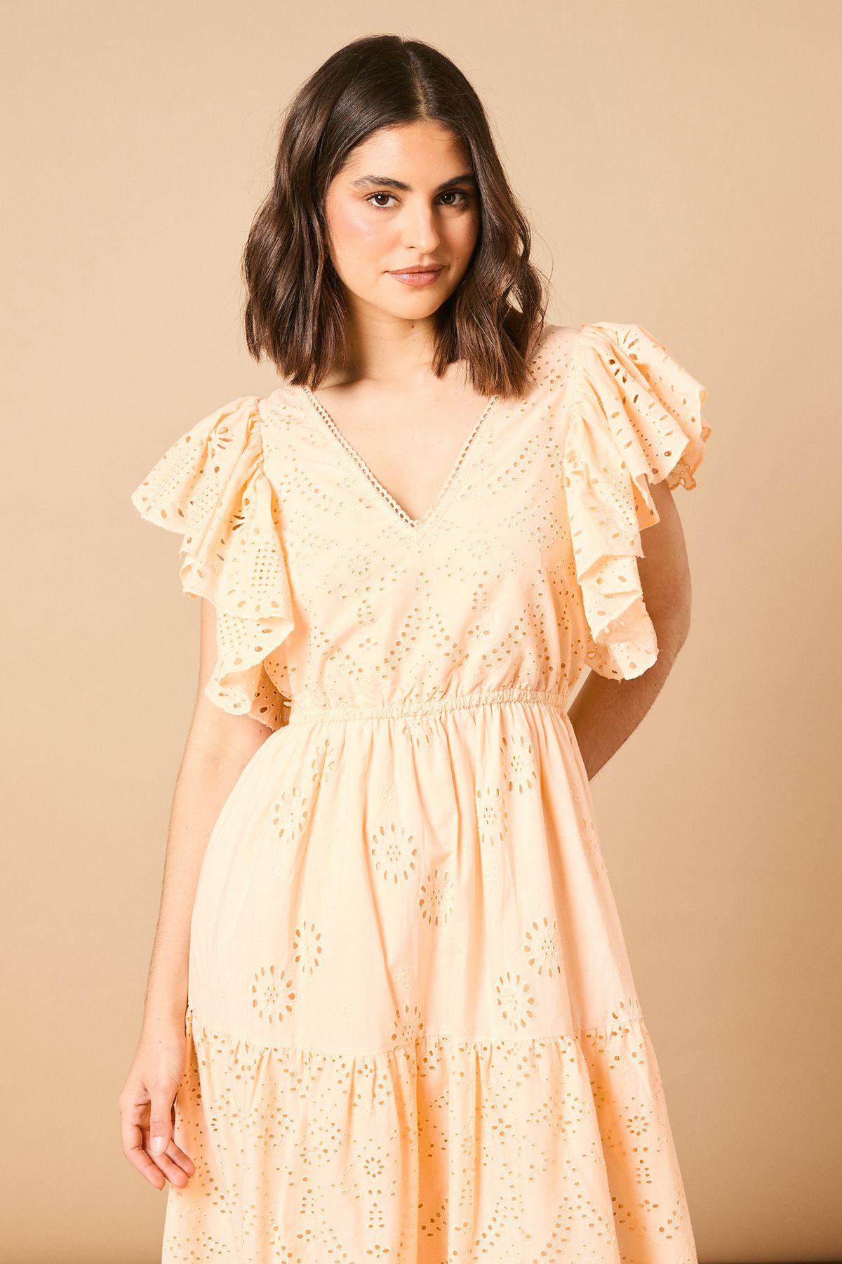 Oasis Broderie V Neck Angel Sleeve Maxi Dress Apricot image 2