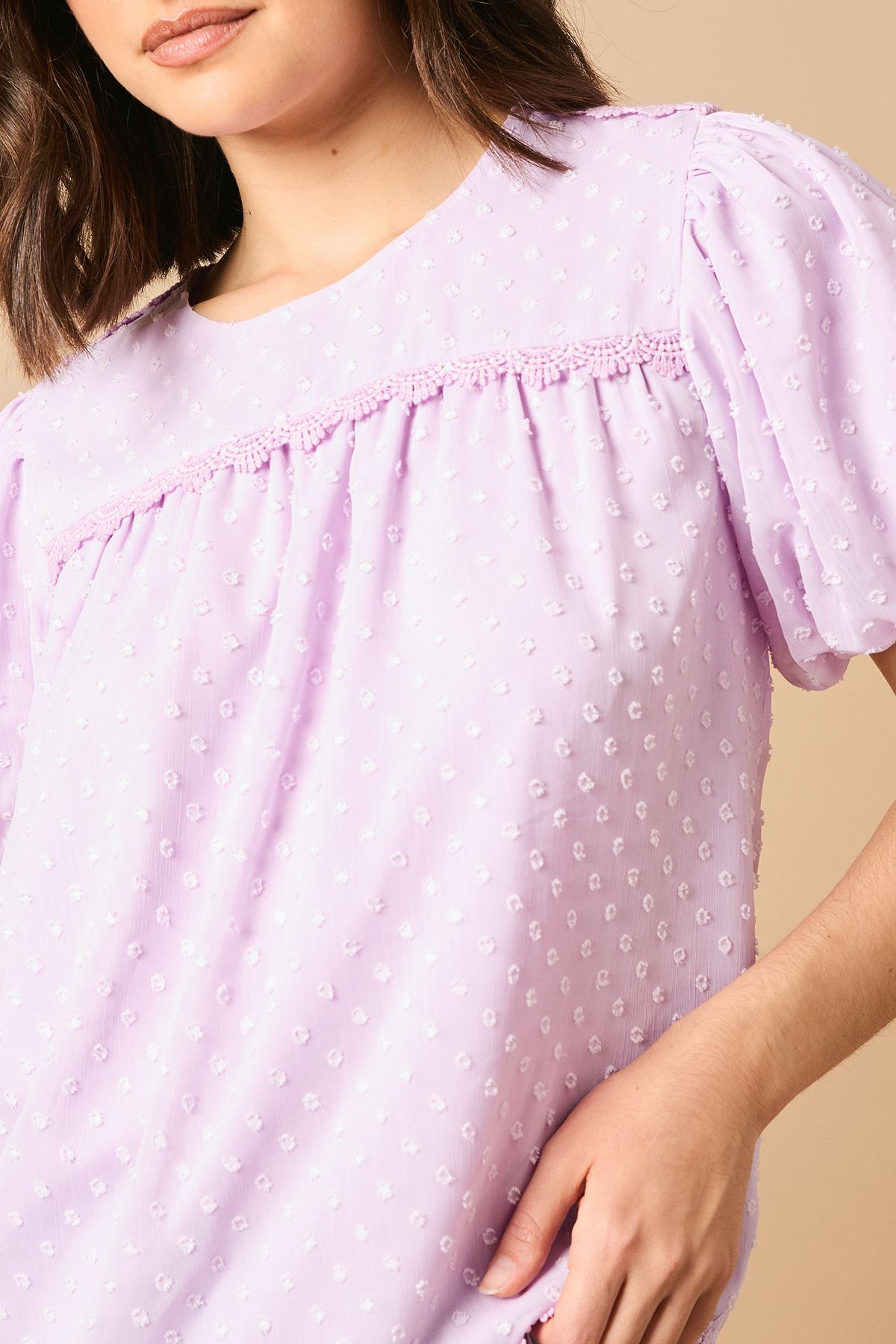 Oasis Lace Trim Puff Sleeve Blouse Purple image 5