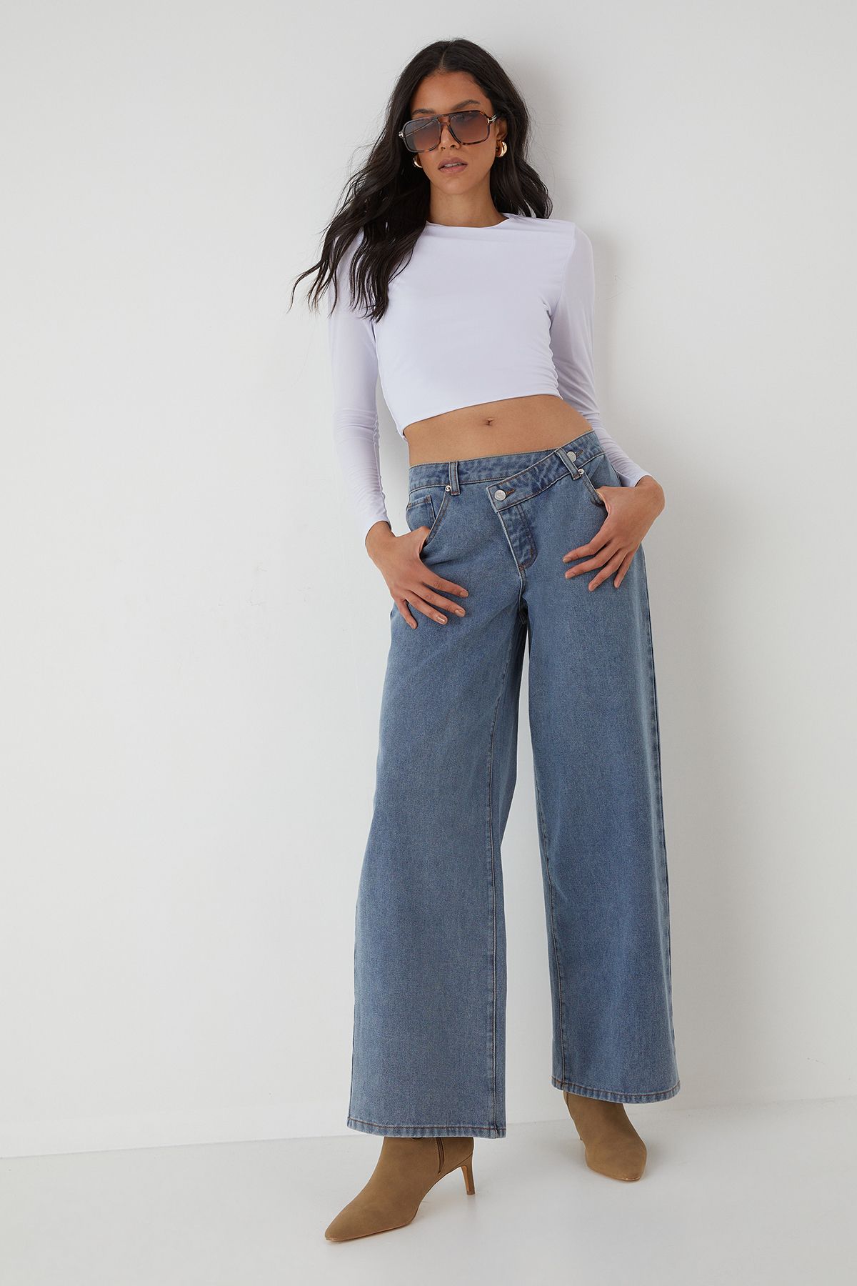 MissPap Asymmetric Wide Leg Washed Denim Jeans Mid Wash image 1