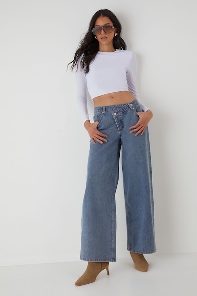 MissPap Asymmetric Wide Leg Washed Denim Jeans Mid Wash