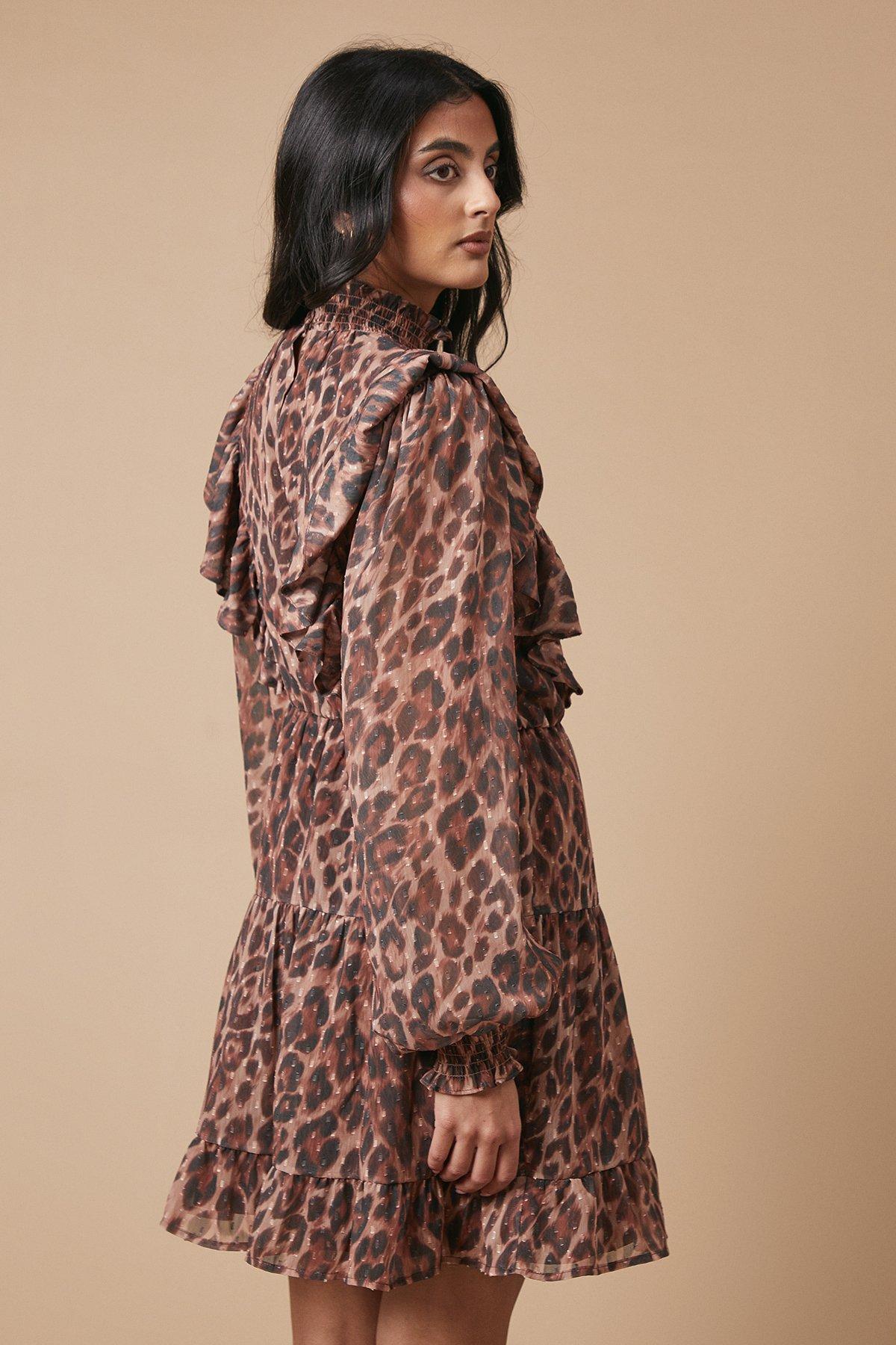 Oasis Animal Print Embroidered Dobby Chiffon Mini Dress Brown image 4