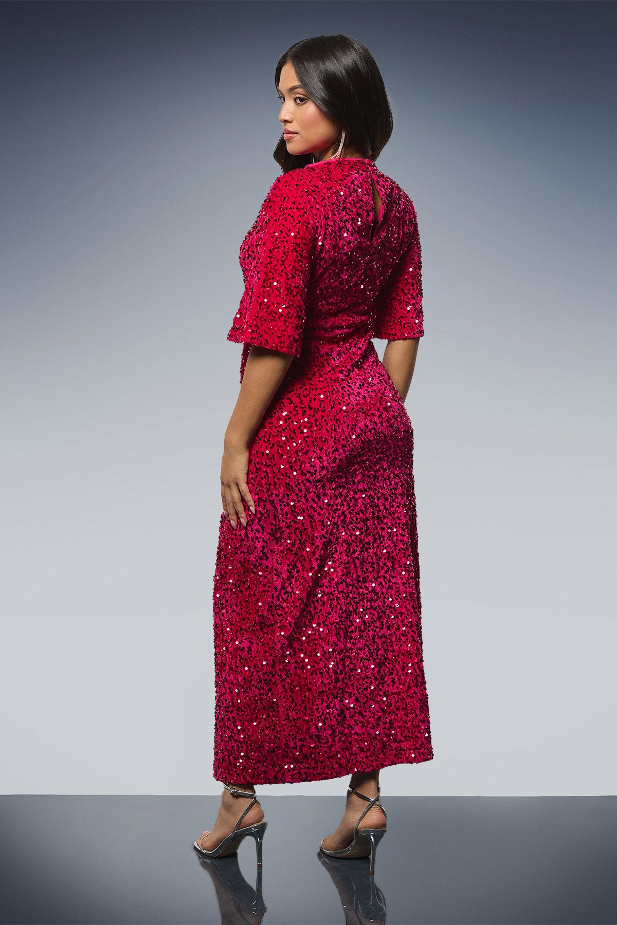 Dorothy Perkins Petite Velvet Sequin Midi Dress Hot Pink image 3