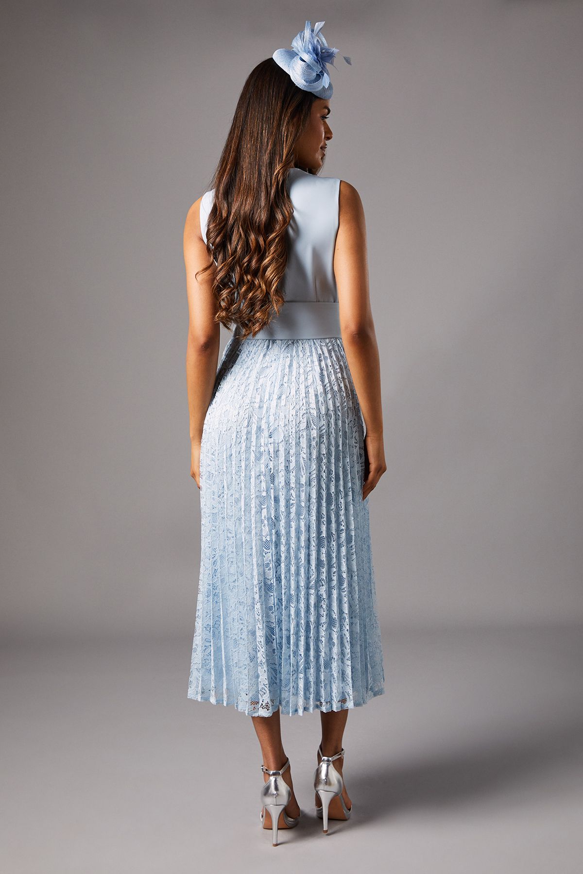 Coast Petite Notch Neck Pleated Lace Skirt Midi Dress Light Blue image 4