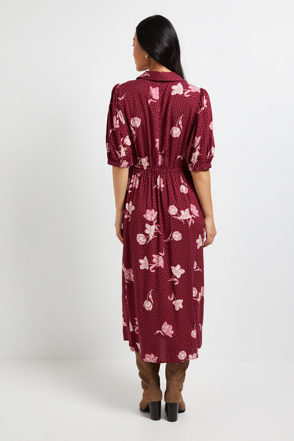 Dorothy Perkins Petite Berry Floral Collared Button Detail Puff Sleeve Midi Dress Berry image 3