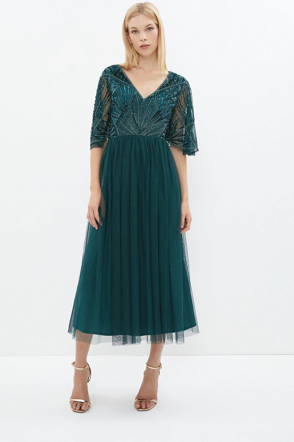 Coast Embellished Bodice Angel Sleeve Midi Dress Forest image 1