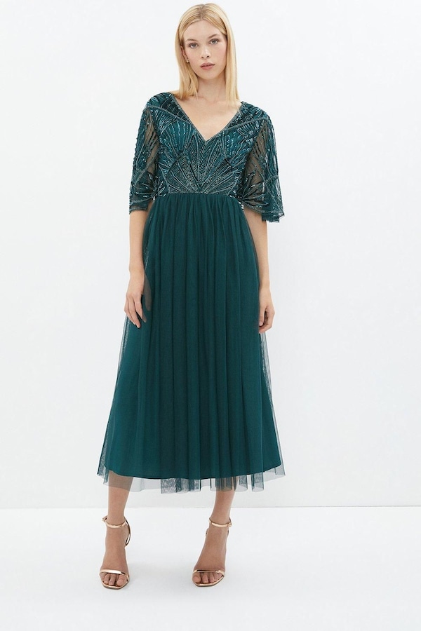 Coast Embellished Bodice Angel Sleeve Midi Dress Forest