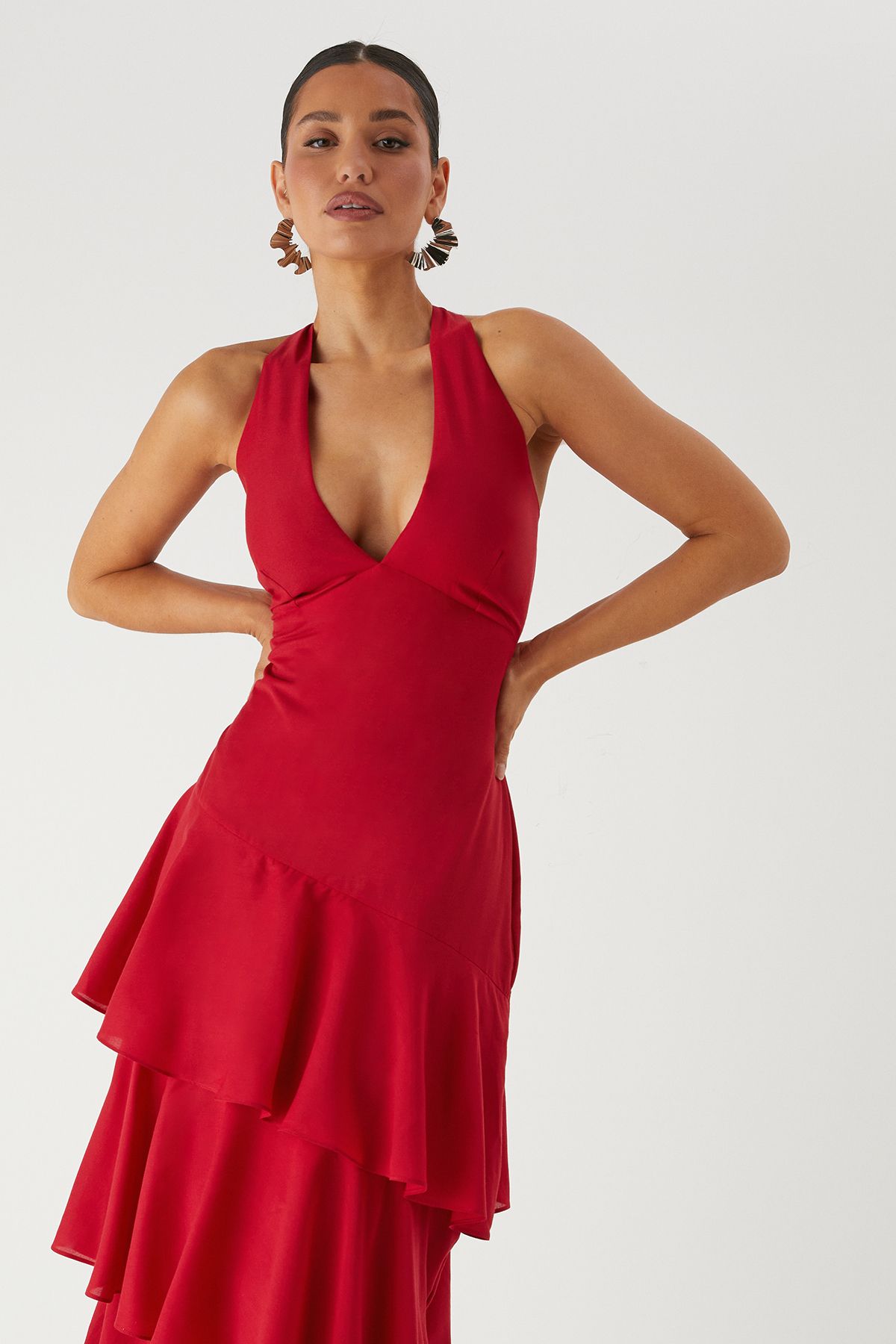 MissPap Tie Back Frill Layered Maxi Dress Red image 2