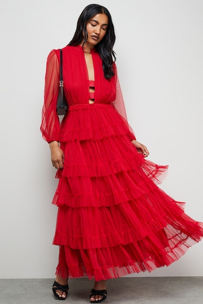 Warehouse Ruffle Neck Tulle Maxi Dress Red