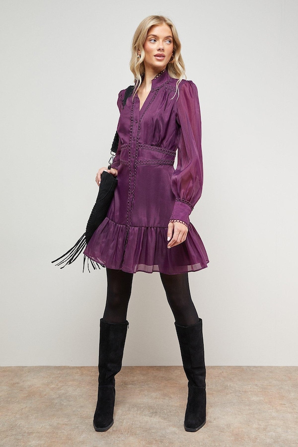 Oasis Plain Lace Trim Boho Shirt Mini Dress Plum