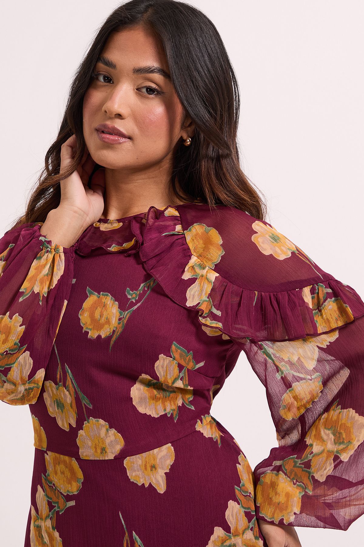 Dorothy Perkins Petite Brown Frill Detail Blouson Sleeve Mini Dress Brown image 3