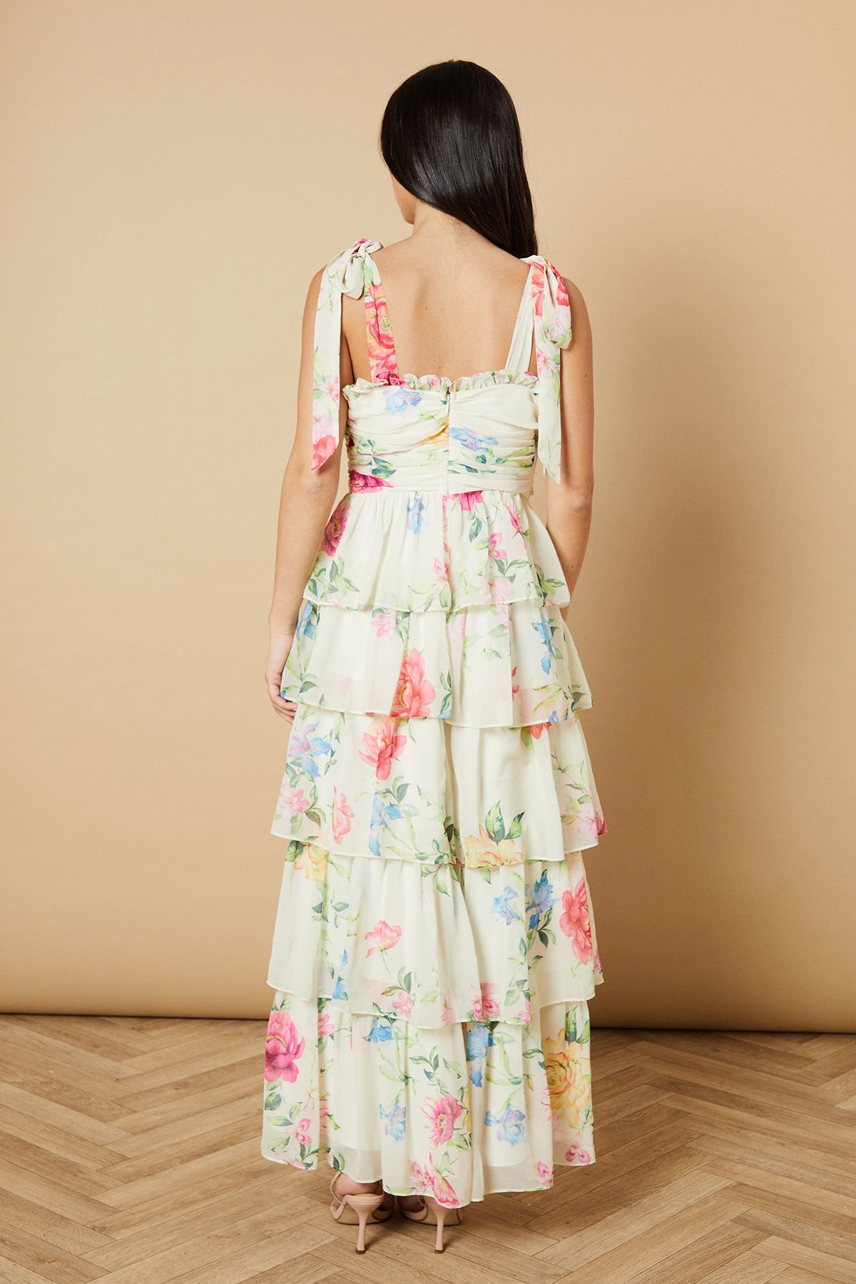 Oasis Ruched Ruffle Tiered Tie Strap Midi Dress Ivory image 3