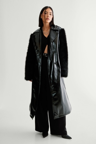 NastyGal Premium Vinyl Fur Trim Coat True Black