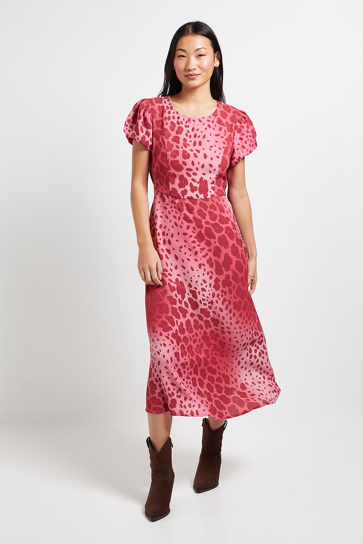 Dorothy Perkins Petite Pink Animal Tie Back Detail Puff Sleeve Midi Dress Pink image 1