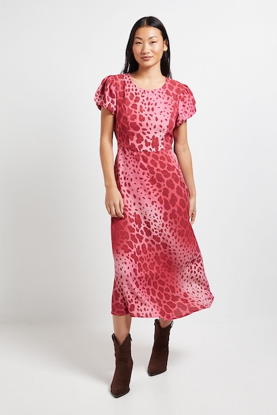 Dorothy Perkins Petite Pink Animal Tie Back Detail Puff Sleeve Midi Dress Pink