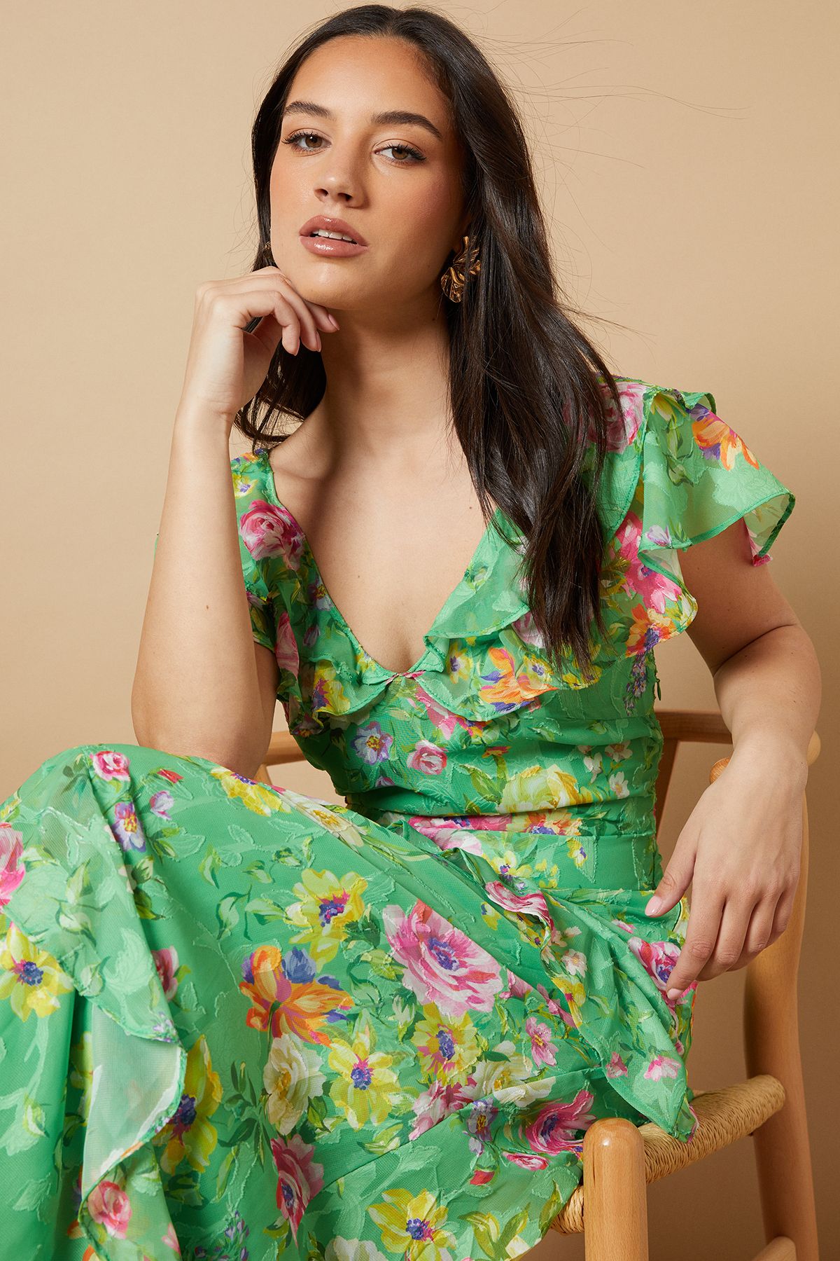 Oasis Occasion Ruffle Sleeve Jacquard Midi Dress Green image 2