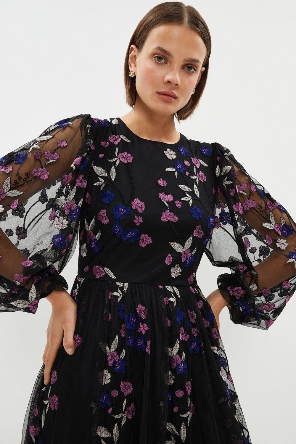 Coast Embroidered Mesh Blouson Sleeve Midi Dress Black image 2