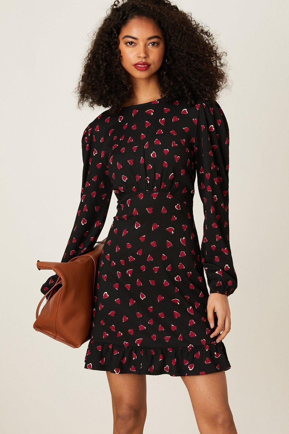 Dorothy Perkins Heart Print Ruffle Hem Mini Dress Black image 1