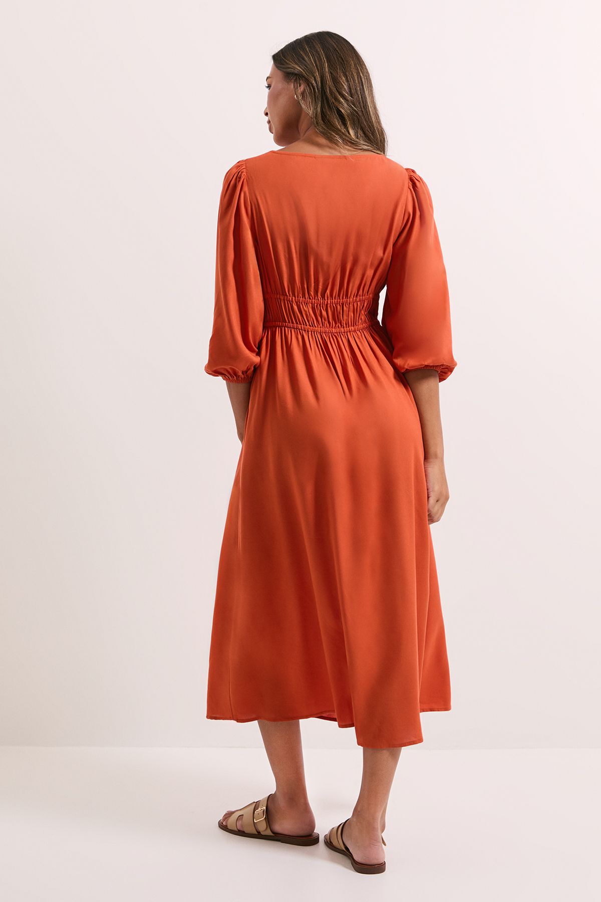 Dorothy Perkins Shirred Bodice Tie Detail Sweetheart Midi Dress Ochre image 4