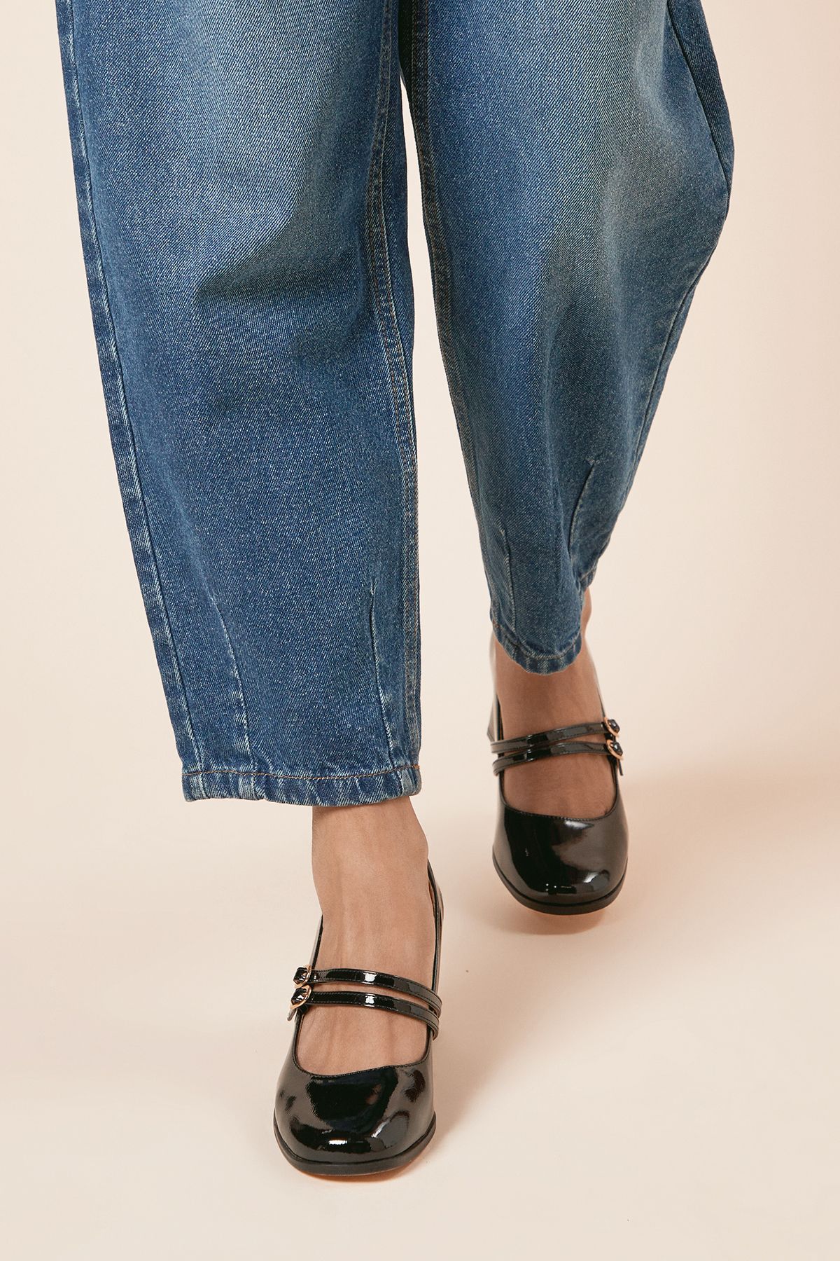 Oasis Catalina Patent Double Mary Jane High Block Heeled Shoes True Black image 2