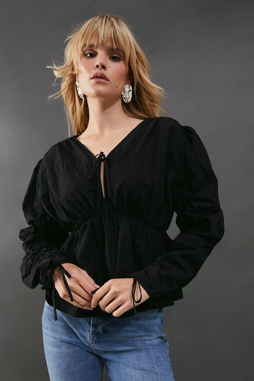 Warehouse Cotton Tie Front Volume Sleeve Blouse Black image 1