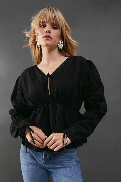 Warehouse Cotton Tie Front Volume Sleeve Blouse Black