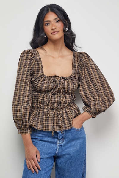 Warehouse Check Tie Front Square Neck Blouse Brown