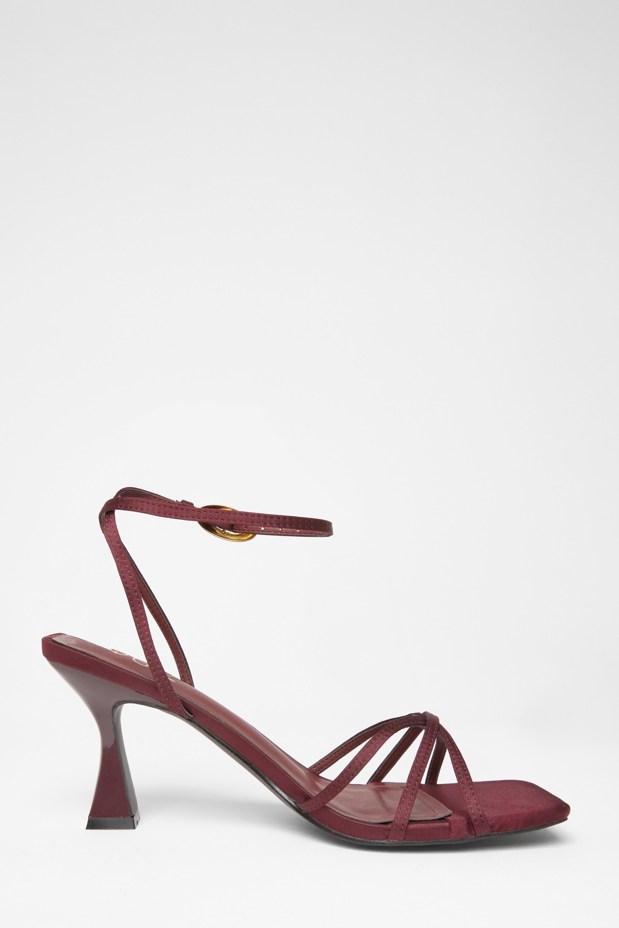 Quiz Burgundy Satin Strappy Flared Heels image 5