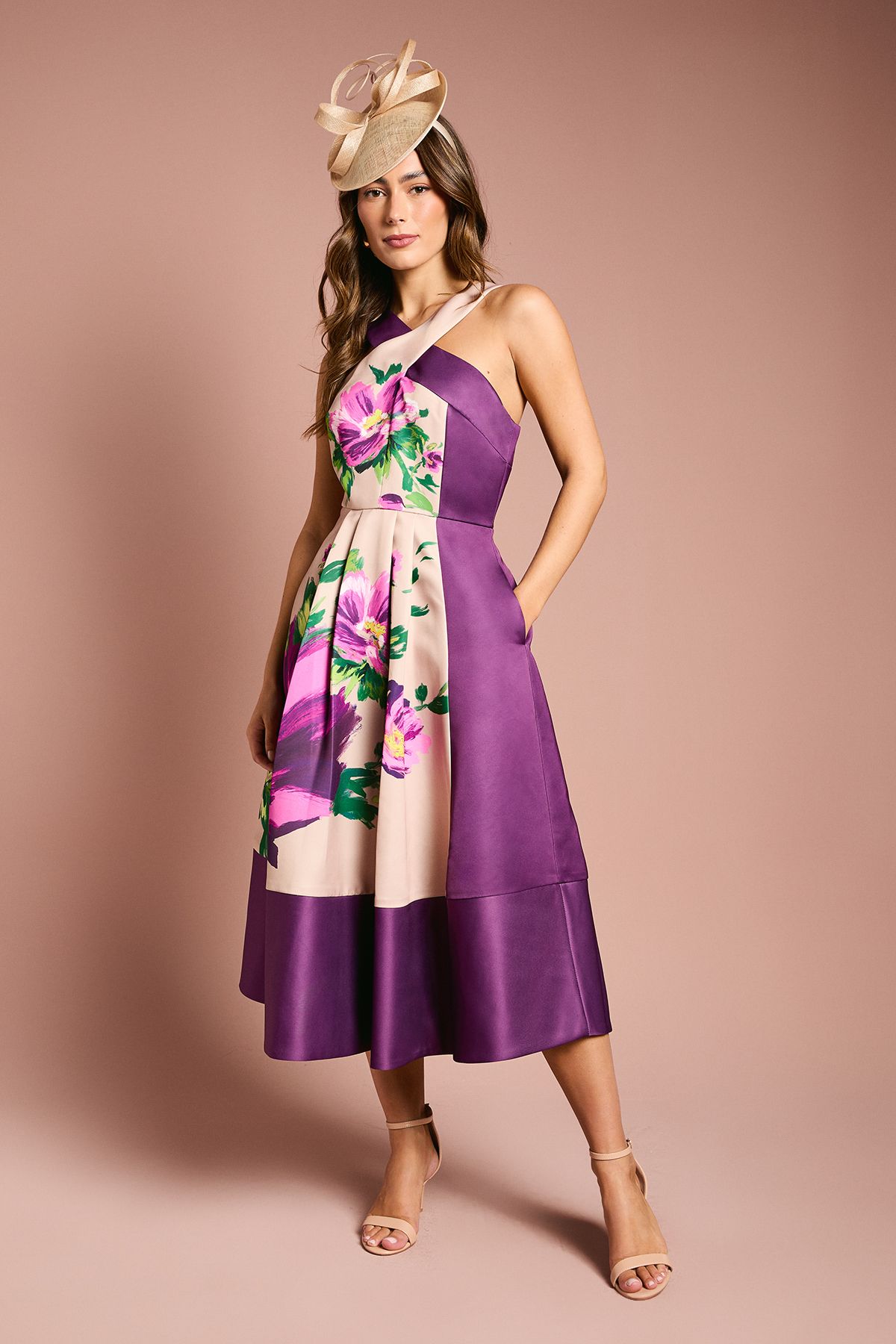 Coast Printed Structured Satin Cross Neck Midi Dress Purple image 3