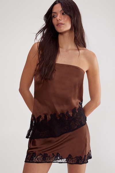 NastyGal Satin Lace Cutwork Bandeau Asymmetric Top Chocolate