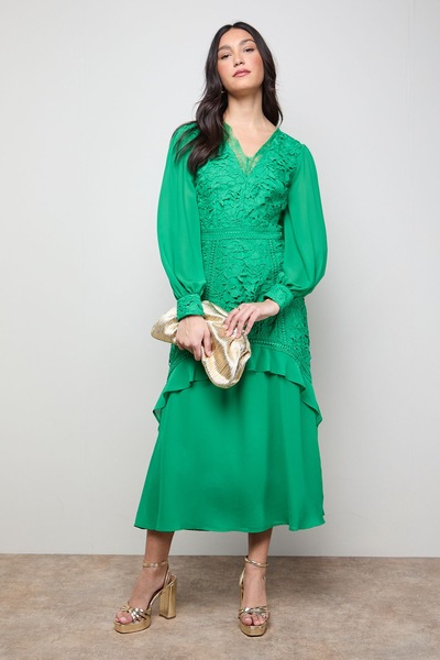Oasis Lace Puff Sleeve V Neck Midaxi Dress Green