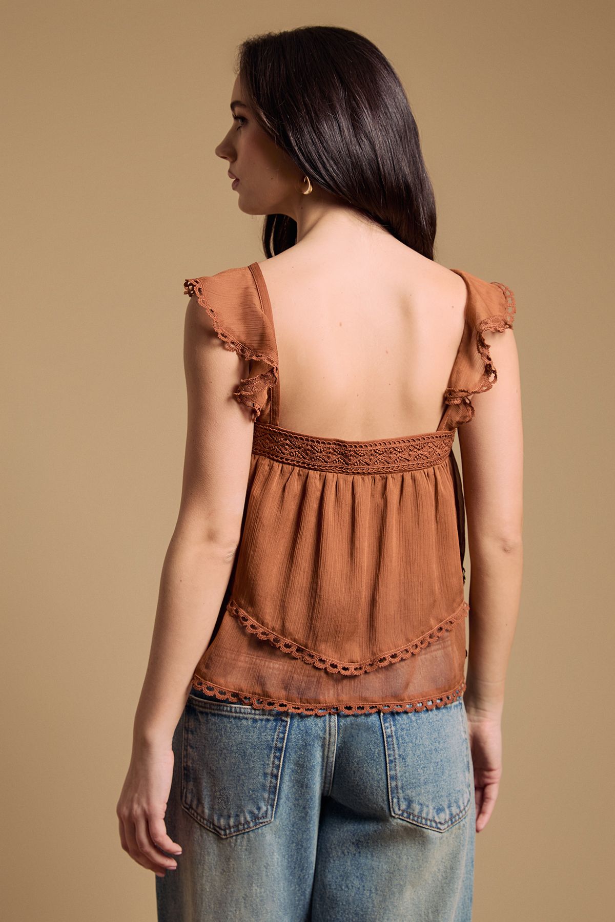 Oasis Tiered Frill Sleeve Western Cami Top Chocolate image 3