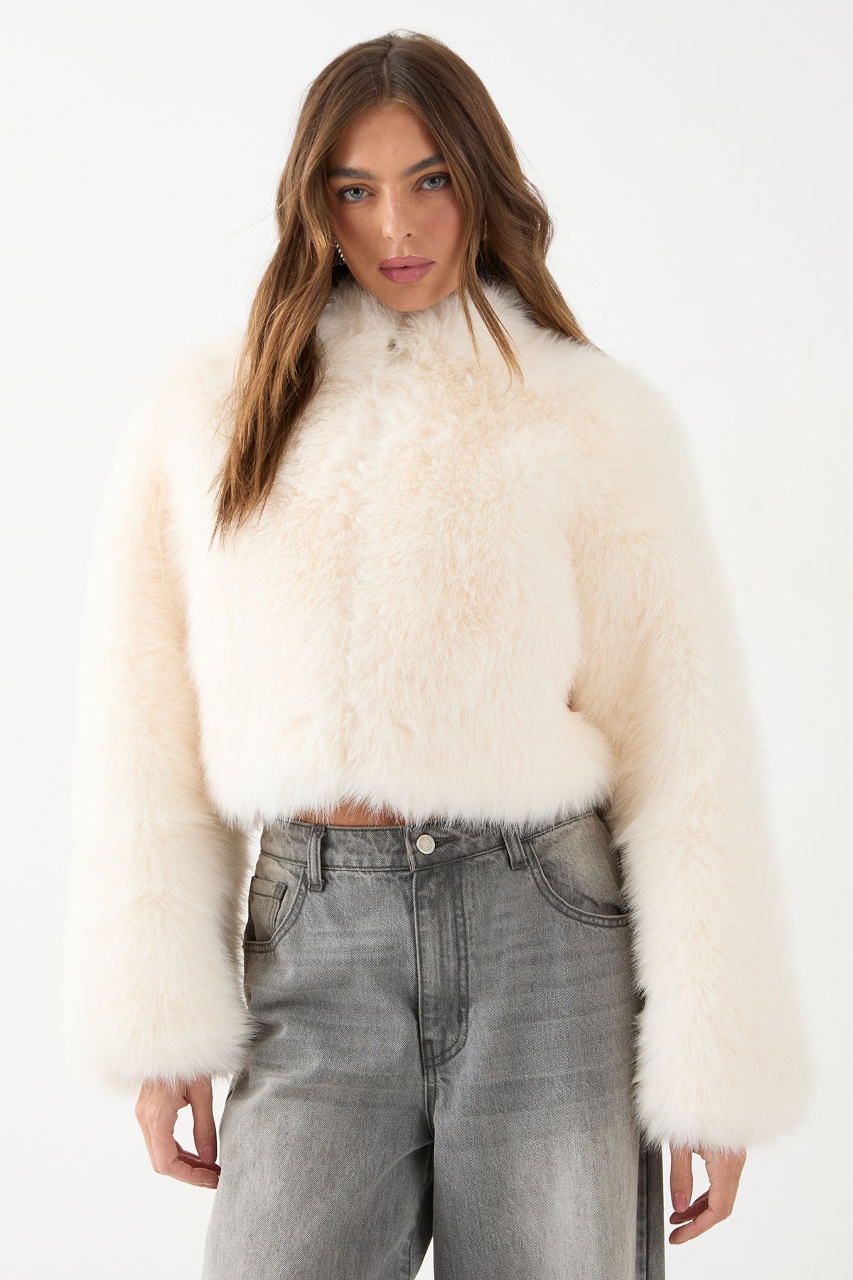 MissPap Cropped Faux Fur Jacket Ecru image 1