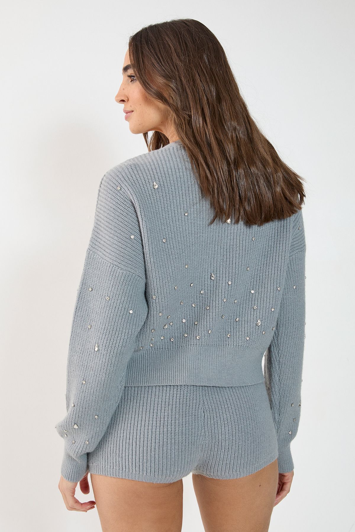 NastyGal Embellished Knitted Shorts Grey image 4