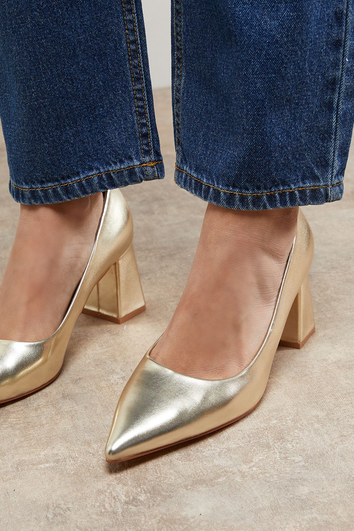 Oasis Val Faux Metallic Leather Pointed High Block Heel Courts Gold image 4