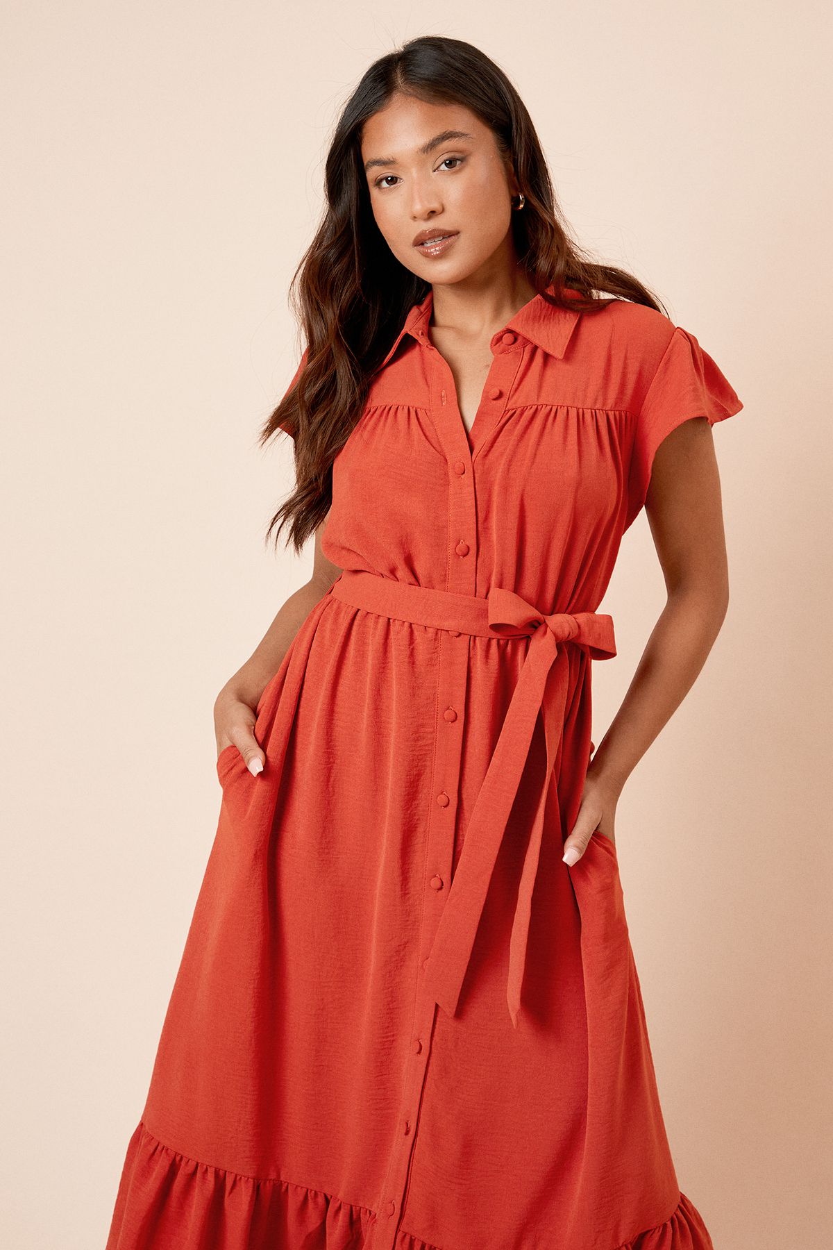 Dorothy Perkins Petite Frill Sleeve Belted Midi Shirt Dress Orange image 2