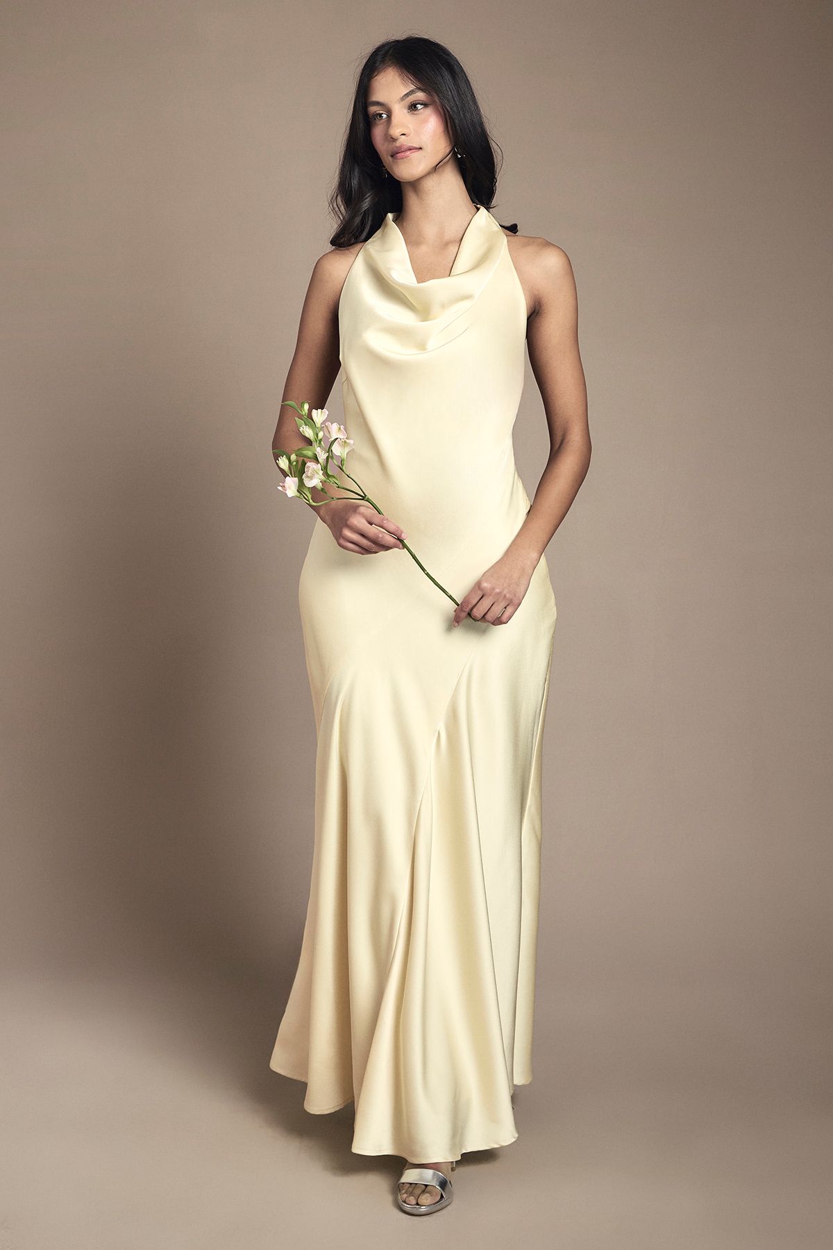 Oasis Petite Oasis Cowl Halterneck Satin Maxi Bridesmaid Dress Lemon