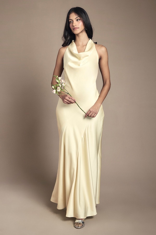 Oasis Petite Oasis Cowl Halterneck Satin Maxi Bridesmaid Dress Lemon