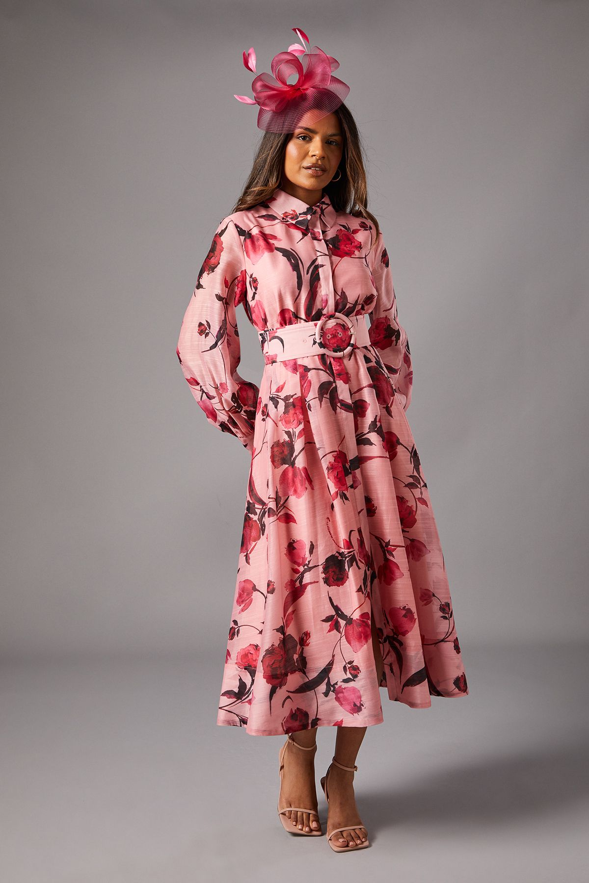 Coast Petite Printed Organza Long Sleeve Midi Dress Pink image 1